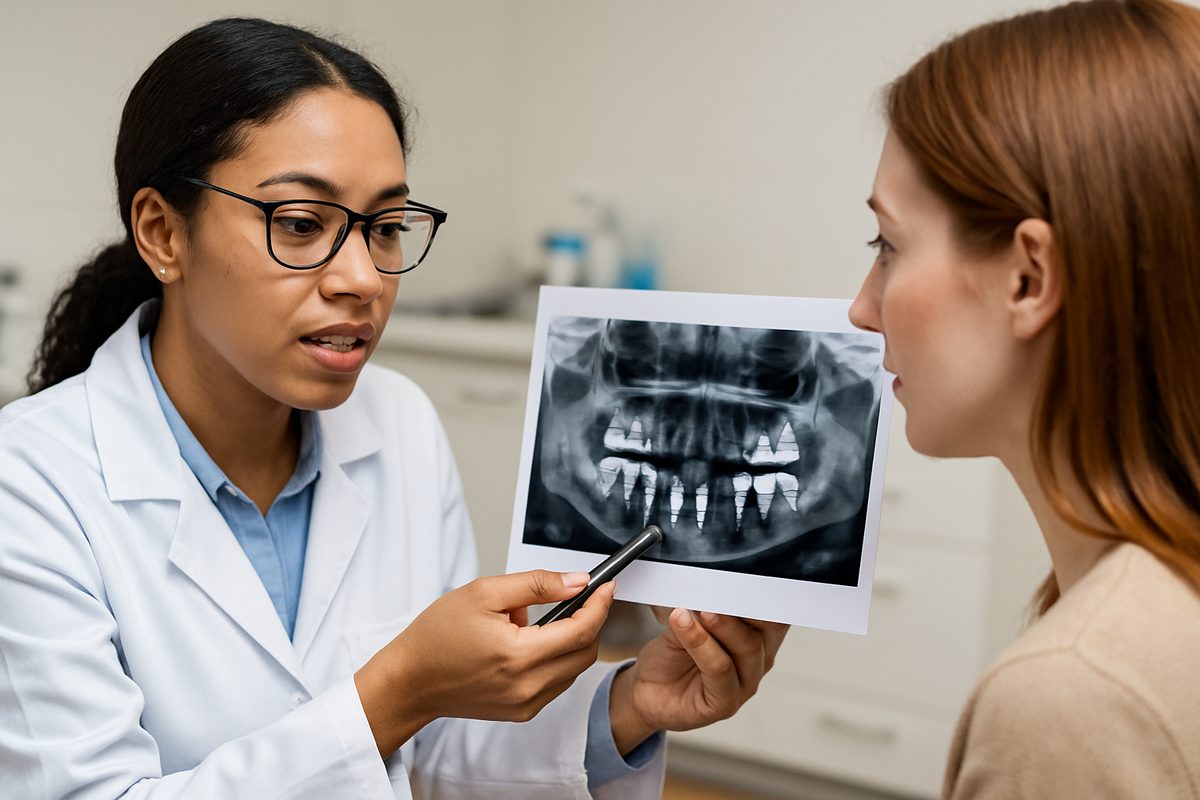 Close up image of a dentist consulting with a patient about affordable teeth implant options in Minneapolis. The dentist is pointing to a dental x-ray showcasing different implant types. No text on the image.