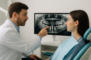 A dentist is pointing to a digital x-ray on a computer screen, explaining information dental implants to a patient sitting in the dental chair. No text on the image.
