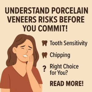 A dentist is consulting with a patient, using a model of porcelain veneers to explain the potential risks and benefits of the procedure. No text on the image.