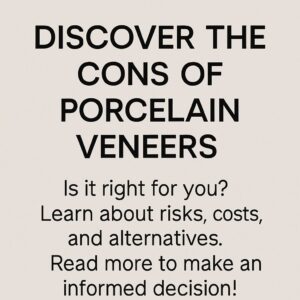 A dentist is pointing to the tooth of a concerned patient in a dental office, using a model of porcelain veneers to explain the procedure and potential drawbacks. No text on the image.