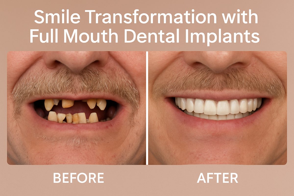 Image showcasing a before-and-after transformation of a patient's smile with full mouth dental implants. The "before" side shows missing or damaged teeth, and the "after" side displays a complete, natural-looking set of teeth, highlighting the aesthetic and functional benefits of the procedure. Text on image states "Smile Transformation with Full Mouth Dental Implants".