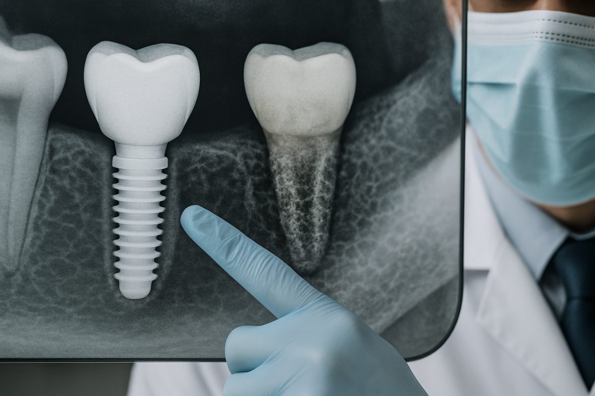 A close-up image showing a dentist pointing to a healthy dental implant integrated into the jawbone, contrasted with an unhealthy implant affected by peri-implantitis. No text on image.