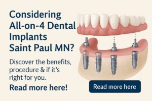 A dentist is pointing to a set of All-on-4 dental implants on a model of a jaw, with the city skyline of Saint Paul, MN, in the background. No text on the image.