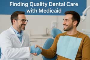 A friendly dentist is shaking hands with a smiling patient in the dental office; the text on the image reads "Finding Quality Dental Care with Medicaid."