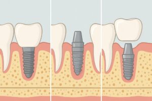 An animated image depicting the step-by-step process of how a dental implant is attached, including the placement of the implant into the jawbone, the abutment, and the final crown. No text on image.