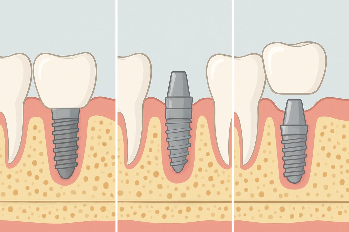 An animated image depicting the step-by-step process of how a dental implant is attached, including the placement of the implant into the jawbone, the abutment, and the final crown. No text on image.
